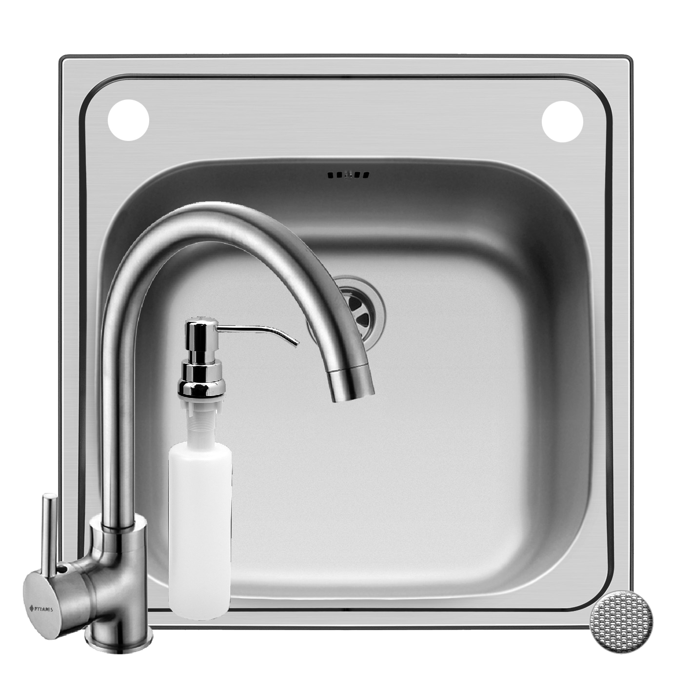 Set chiuveta inox INSET 1B 50x50 LN, baterie BELLO crom si dozator detergent