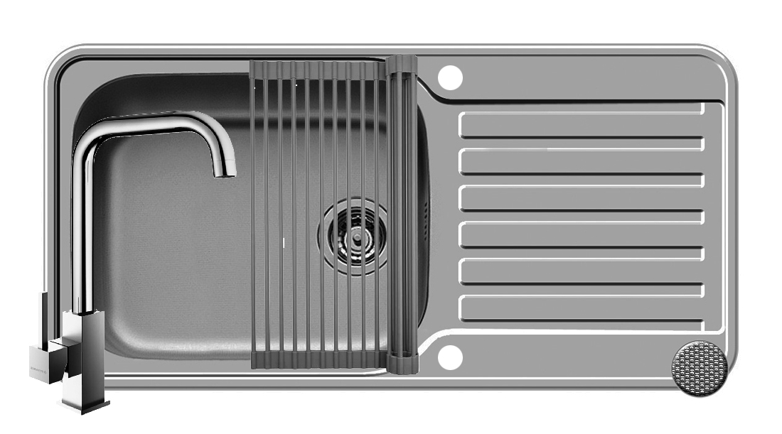 Set chiuveta inox SPACE PLUS 1B1D LN, baterie ADELITA crom si Roll Up